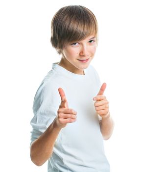 Close up portrait of young smiling cute teenager in white, isolated on white