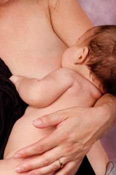 View of a newborn baby breast feeding.