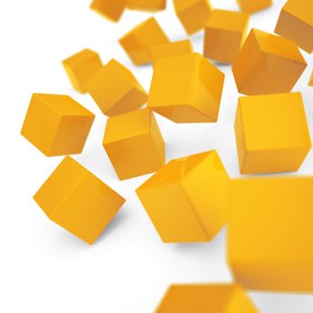 Falling and hitting yellow cubes on a white background