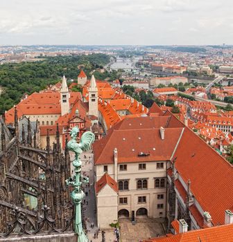 Figure of a rooster against Prague. View from a cathedral of Sacred Vit