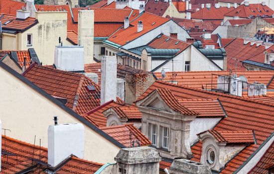 top view on tile red roofs, Prague