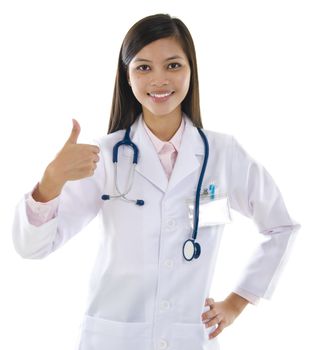 Mixed race female doctor thumb up showing good sign.