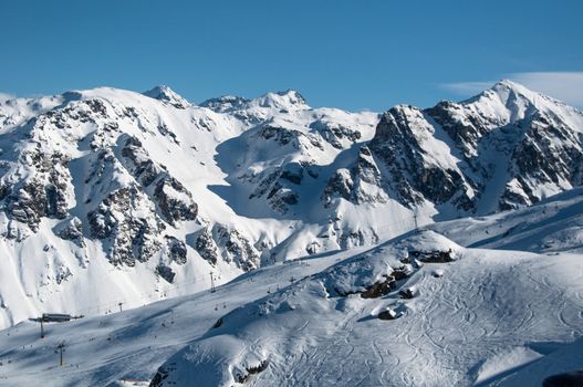 Beautiful winter mountain panorama with ski slopes in Montafon, Austria