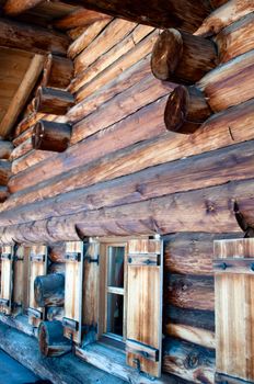 detail of alpine cottage in snowy mountains of Montafon, Austria