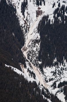 Landslide and avalanches in skiing mountains in early spring in Montafon, Austria