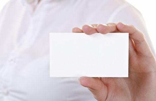 Businesswoman showing and handing a blank business card. Business woman in white shirt, high key. 