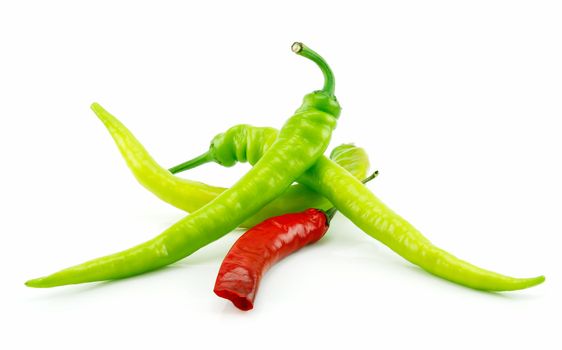 Green and Red Chili Peppers Isolated on White Background