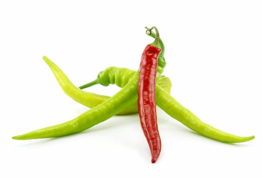 Green and Red Chili Peppers Isolated on White Background
