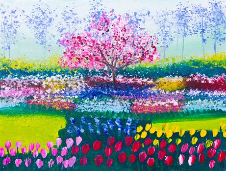 painting of tulip flowers field and tree
