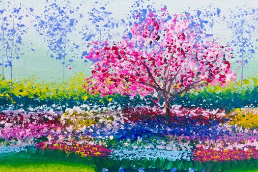 painting of flowers field and tree