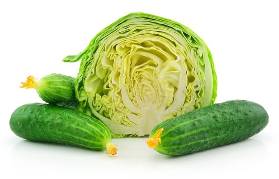 Ripe Cabbage and Cucumbers Isolated on White Background