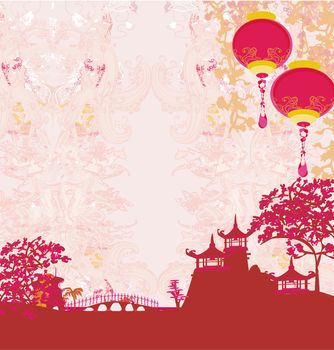 old paper with Asian Landscape and Chinese Lanterns - vintage japanese style background