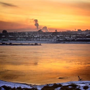 winter sunset over Angara at Irkutsk, Russia