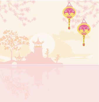 old paper with Asian Landscape and Chinese Lanterns - vintage japanese style background