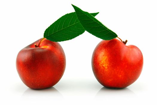 Ripe Peach (Nectarine) with Green Leafs Isolated on White Background