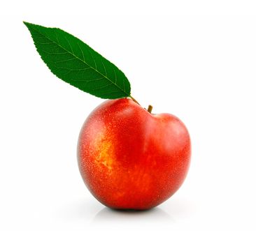 Ripe Peach (Nectarine) with Green Leafs Isolated on White Background