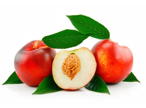 Ripe Sliced Peach (Nectarine) with Green Leafs Isolated on White Background