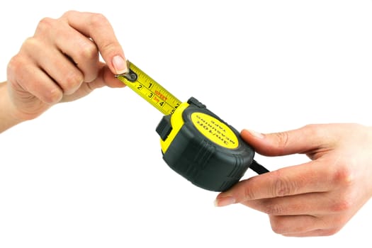 Female hands holds measuring tape isolated on a white background