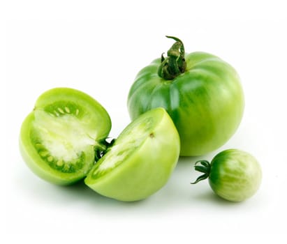 Ripe Green Sliced Tomatoes Isolated on White Background