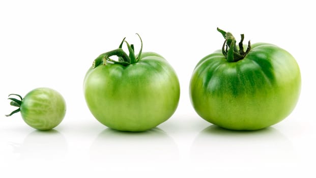 Three Ripe Green Tomatoes in Row Isolated on White Background