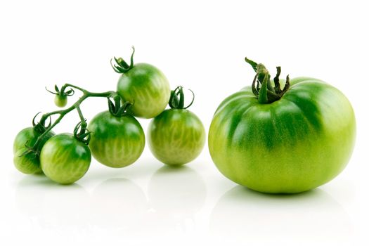 Bunch of Ripe Yellow and Green Tomatoes Isolated on White Background