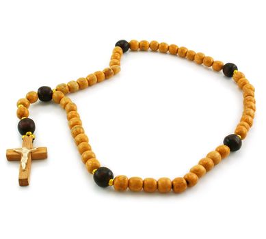 Wooden rosary and cross isolated on a white background