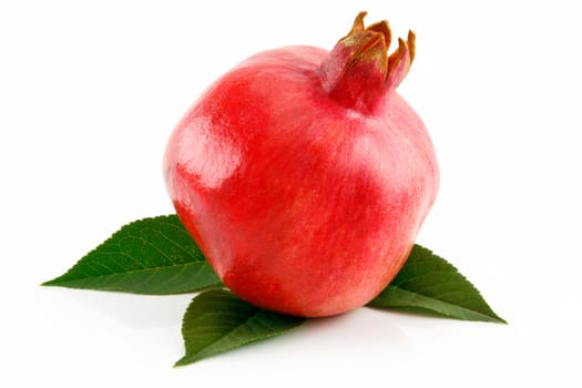 Ripe Red Pomegranate Fruit with Leaves Isolated on White Background
