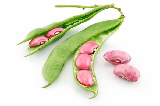 Ripe Haricot Beans with Seed and Leaves Isolated on White Background