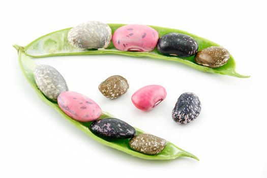 Ripe Haricot Beans with Seed and Leaves Isolated on White Background