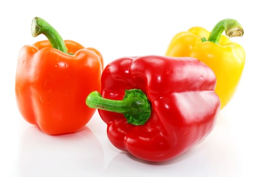 Three colored paprika isolated on a white background