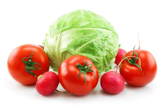 Ripe Cabbage, Radishes and Tomatoes Isolated on White Background