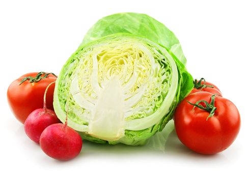 Ripe Cabbage, Radishes and Tomatoes Isolated on White Background