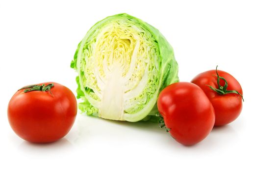 Ripe Cabbage and Tomatoes Isolated on White Background