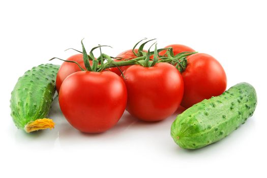 Ripe Tomatoes and Cucumbers Isolated on White Background