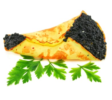 Caviar-stuffed pancake with greens isolated on a white background