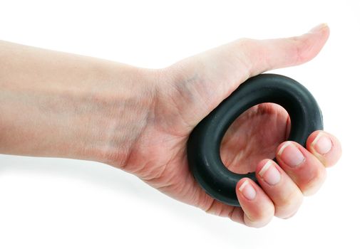 Female hand pressing expander isolated on a white background