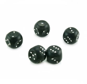 Five black plastic dices isolated on a white background