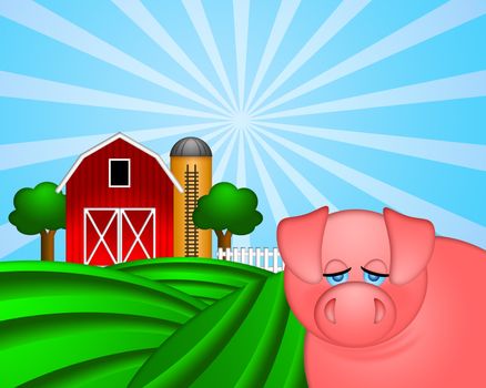 Pig on Green Pasture with Red Barn with Grain Elevator Silo and Trees Illustration