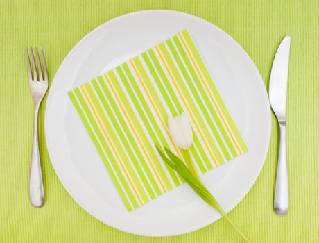 Set Table With Fork, Knife and Tulip on White Plate