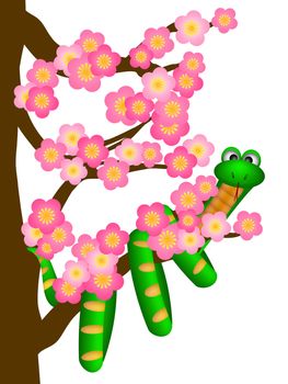 Chinese New Year Green Snake on Cherry Blossom Flowering Tree in Spring Illustration