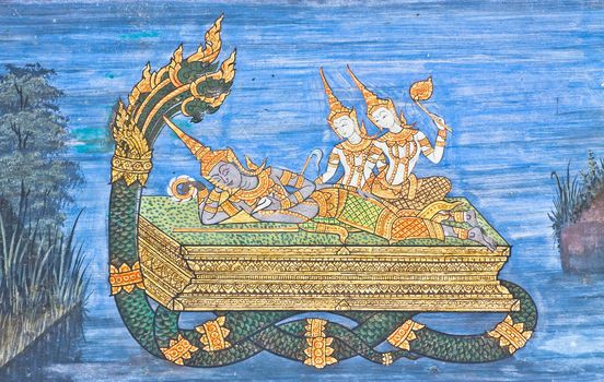 Vintage traditional Thai style art painting on temple for background.