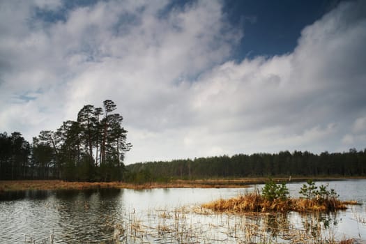 A lake with grass and dark-blue sky