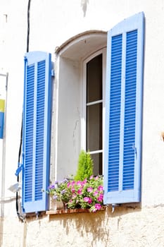 window with blue window shutter, Greoux-les-Bains, Provence, France