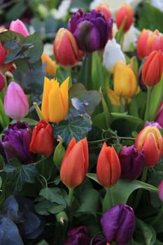 Colorful spring bouquet with tulips in various bright colors