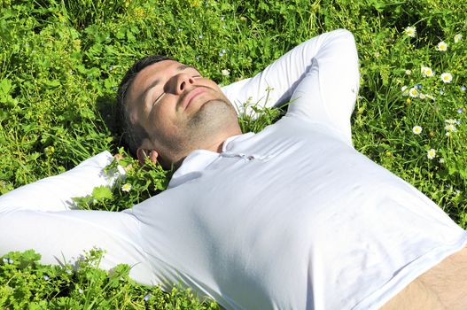 An attractive and cheerful man lying in the park