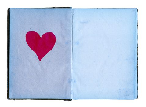 Open Empty Diary With Blue Pages And Big Red Heart On The Left, Ready To Write To, Isolated On White Background