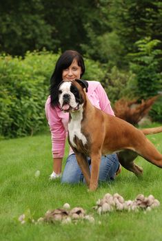 The girl with a dog sit on a grass before them mushrooms grow