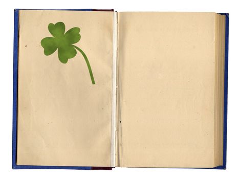 Open Empty Old Book With Four-Leaf Clover Ready To Write To, Isolated On White Background