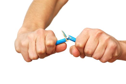 two isolated hands breaking blue pencil over white background