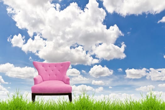 pink sofa on green grass and blue sky